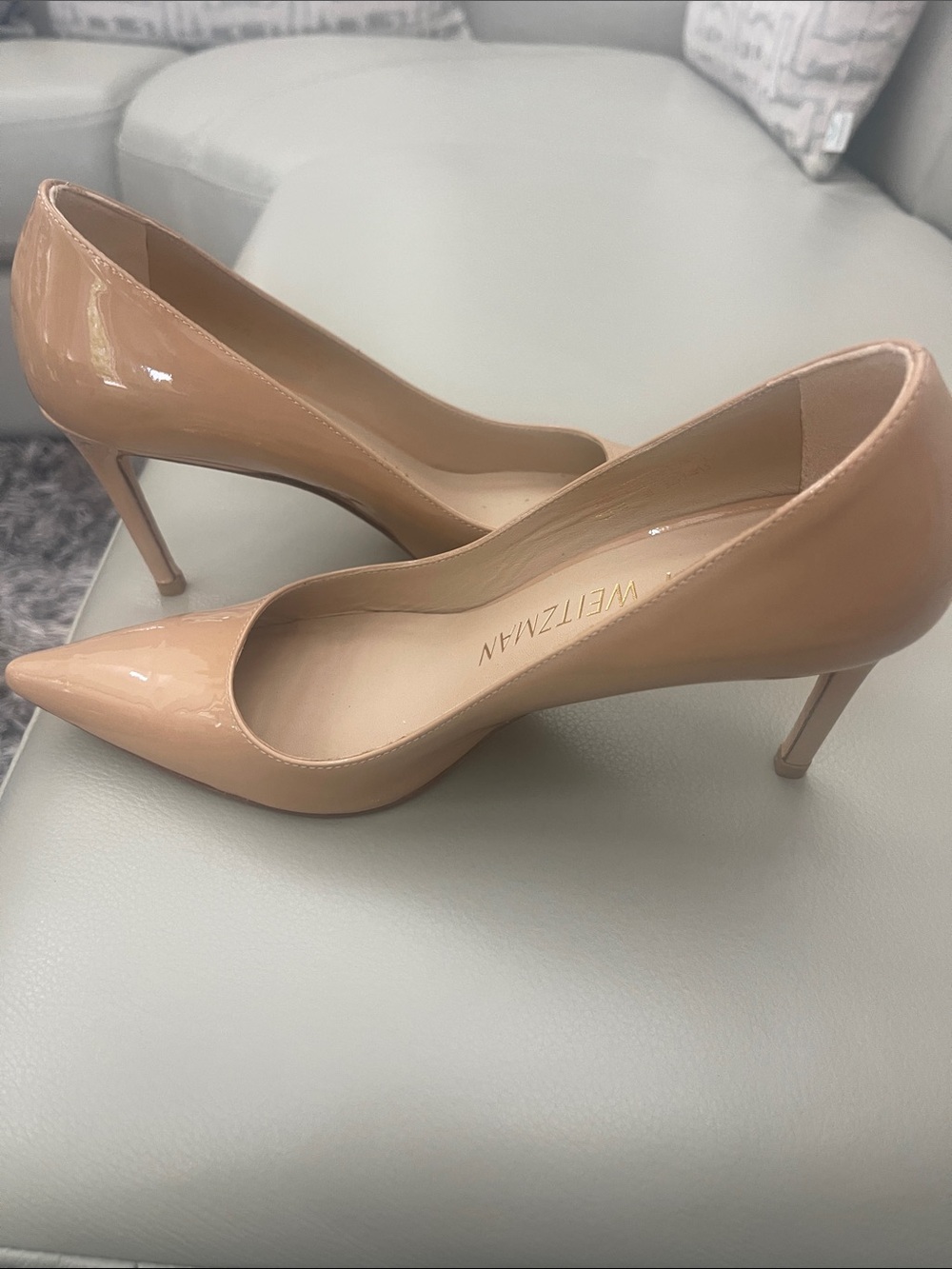 Stuart Weitzman Nude Patent Pointed-Toe Pumps